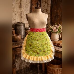 Vintage Handmade Farmhouse Half Apron | Ruffled Gingham | Farm Animal Print